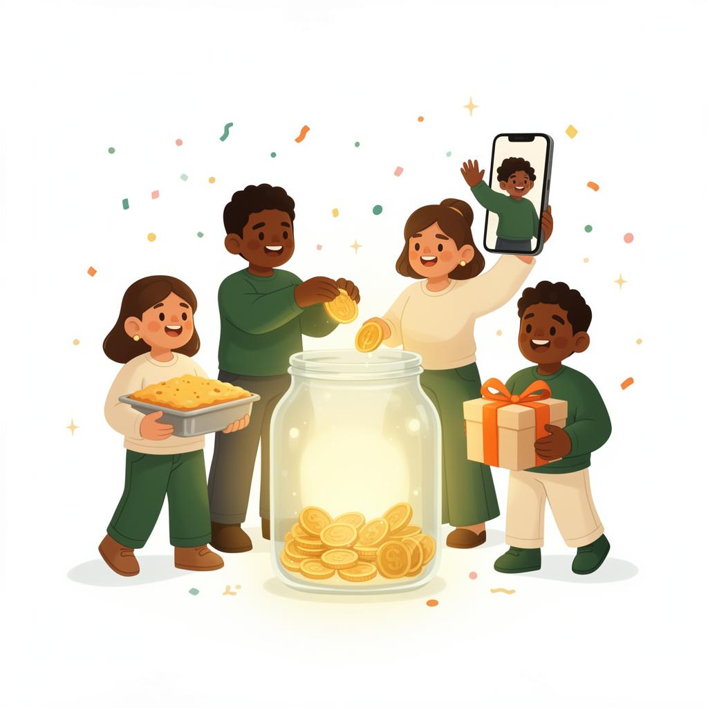 Diverse group of cartoon characters gathered around a large glowing Jar, each contributing something different — coins, food, a gift, and a video message