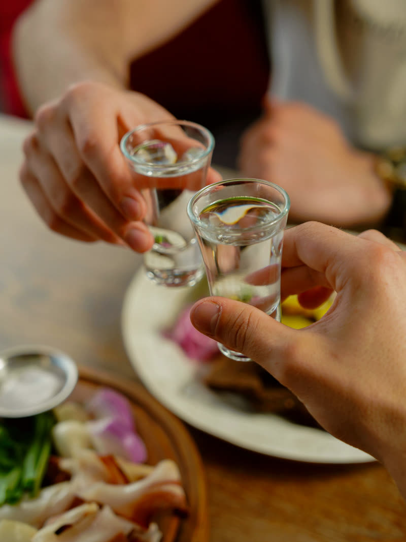 Two people clinking glasses over a table